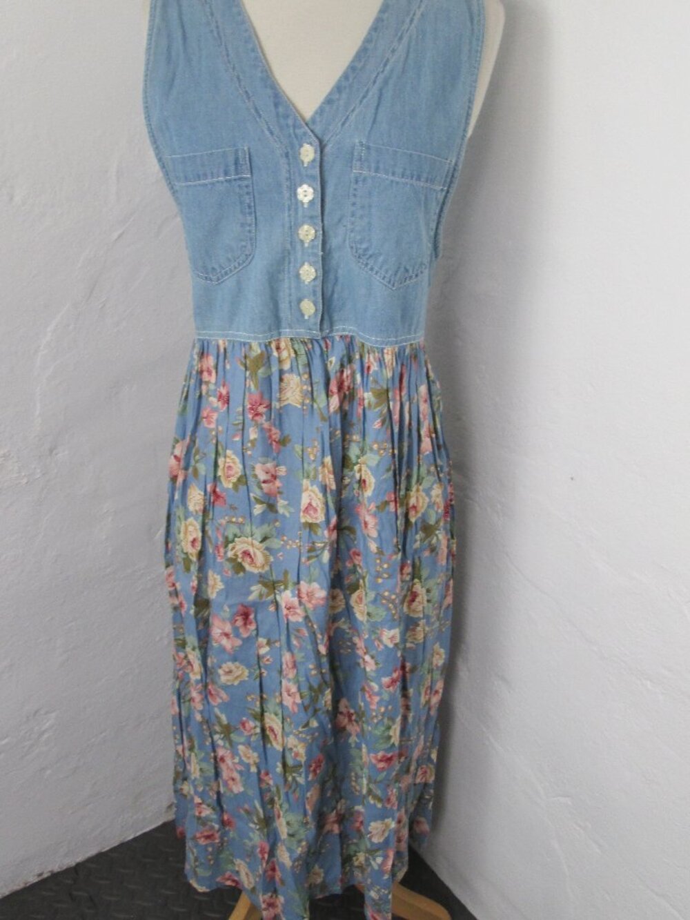 Vintage 80s Private Party Cowgirl Prairie Denim Vested Floral Midi Dress Women L